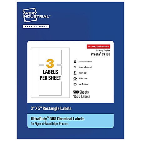 Avery® Ultra Duty® Permanent GHS Chemical Labels, 97186-WMUI500, Rectangle, 3" x 5", White, Pack Of 1,500