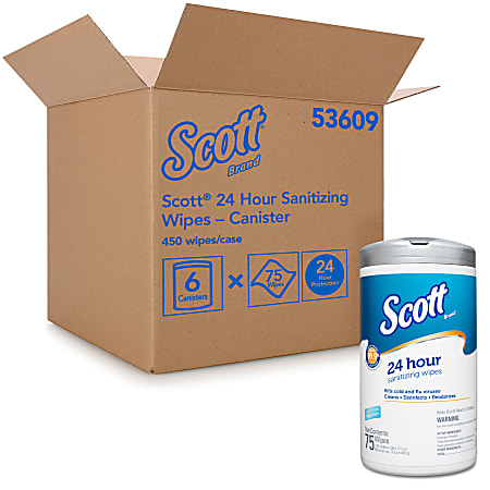Scott® 24-Hour Sanitizing Wipes, White, 75 Sheets Per Pack, Case Of 6 Packs