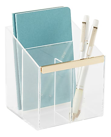 Realspace® Vayla Acrylic 3-Compartment Pen Holder, 4-7/8”H x 4”W x 4-1/8”D, Clear/Gold