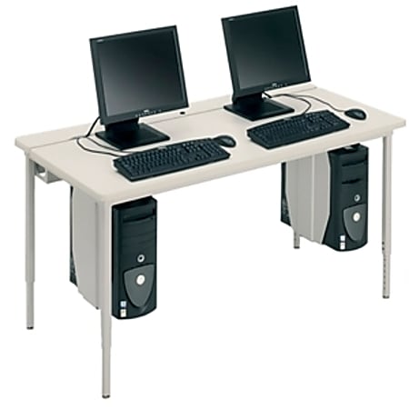 Bretford Basic Quattro Voltea Flip Top Computer Table, 32"H x 84"W x 24"D, Mist Gray/Cardinal, Set Of 2