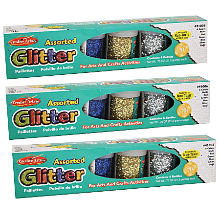 Charles Leonard Creative Arts Glitter Sets, Assorted Colors, 0.75 Oz, 6 Containers Per Pack, Set Of 3 Packs