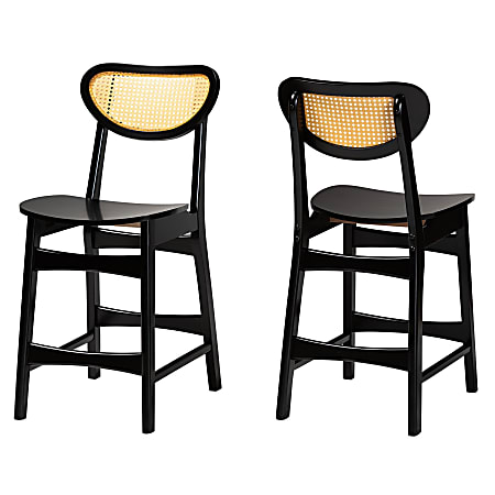 Baxton Studio Hesper Mid-Century Modern Finished Wood/Rattan Counter-Height Stools With Backs, Dark Brown, Set Of 2 Stools