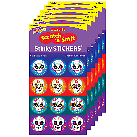 Trend Stinky Stickers, Colorful Skulls/Vanilla, 48 Stickers Per Pack, Set Of 6 Packs