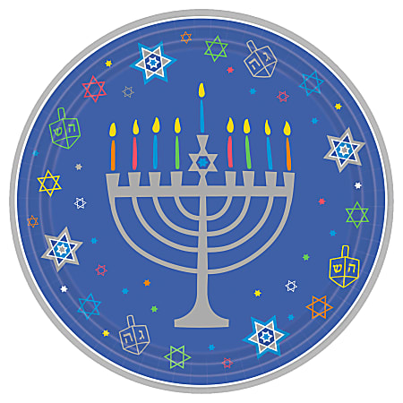Amscan Hanukkah 8 Happy Nights Paper Plates, 10-1/2", Multicolor, 18 Plates Per Pack, Set Of 2 Packs