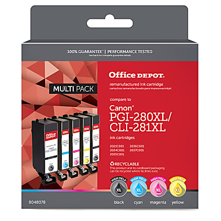 Office Depot® Remanufactured Black; Cyan; Magenta; Yellow High-Yield Ink Cartridge Replacement For Canon PGI-280XL/CLI-281XL, Pack Of 5, OD280XL281XLMP