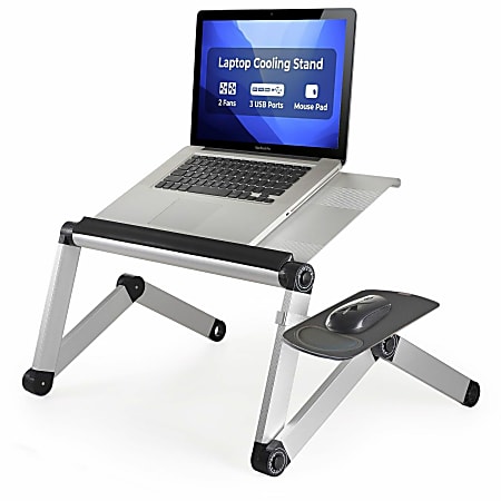 WorkEZ Cool adjustable laptop stand & lap desk silver with 2 fans, 3 USB ports, mouse pad - Raise, tilt, and cool laptops with this universal adjustable laptop stand with mouse pad. Perfect laptop riser for the desk, couch, and bed.