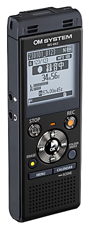 OM System WS883 Digital Voice Recorder, 4-7/16”H x 1-13/16”W x 7”D, Black