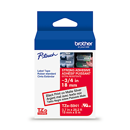 Brother P-Touch TzeS941, Strong Adhesive Laminated, ~3/4in x 26.2ft (18mm x 8m), Black on Matte Silver Label Tape