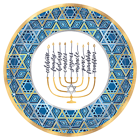 Amscan Hanukkah Festival Of Lights Round Paper Plates, 12", Pack Of 18 Plates