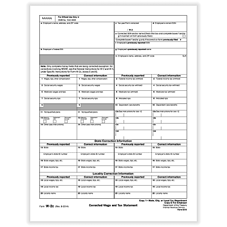 ComplyRight™ W-2C Tax Forms, Laser Cut, Copy 1/D, 8-1/2" x 11", Pack Of 50 Forms