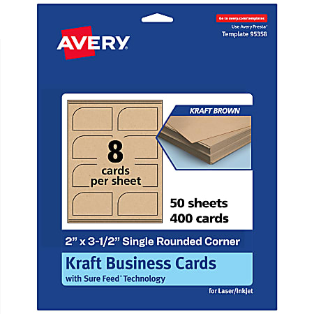 Avery® Print-To-The-Edge Business Cards With Sure Feed® Technology, 2"x3-1/2" Rectangle Single Rounded Corner, Kraft Brown, Pack Of 400