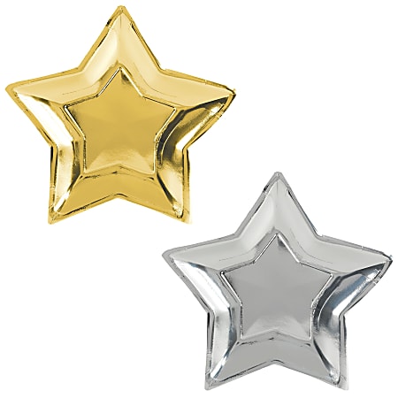 Amscan New Year's Star-Shaped Metallic Paper Plates, 10-1/2", Shiny Silver/Glittery Gold, 10 Plates Per Pack, Case Of 3 Packs