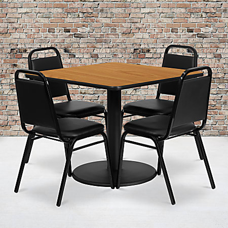 Flash Furniture Square Laminate Table Set With Round Base And 4 Trapezoidal Back Banquet Chairs, 30"H x 36"W x 36"D, Natural/Black