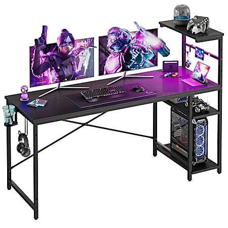 Bestier Gaming Computer Desk With RGB LED Lights And 4-Tier Storage Shelves, 61"W, Black Grained