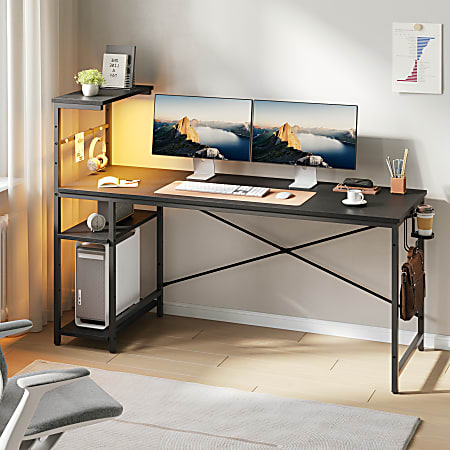 Bestier Gaming Computer Desk With RGB LED Lights And 4-Tier Storage Shelves, 61"W, Black Grained