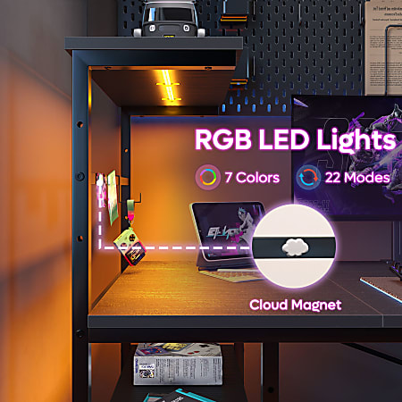 Bestier Gaming Computer Desk With RGB LED Lights And 4-Tier Storage Shelves, 61"W, Black Grained