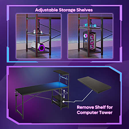 Bestier Gaming Computer Desk With RGB LED Lights And 4-Tier Storage Shelves, 61"W, Black Grained