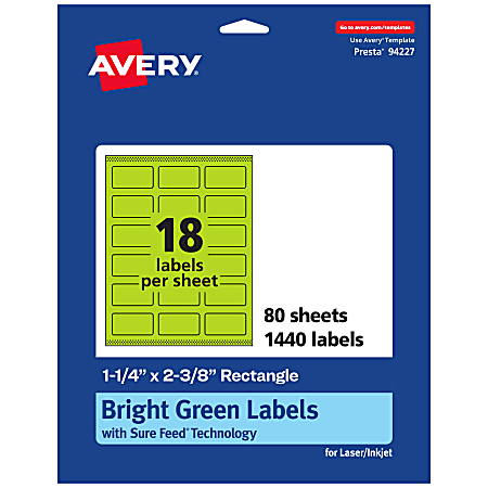 Avery® Print-To-The-Edge Labels With Sure Feed® Technology And Easy Peel®, 94227-BGP80, Rectangle, 1-1/4" x 2-3/8", Matte Bright Green, Pack of 1440