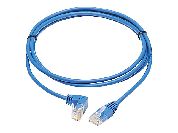 Tripp Lite Cat6 Ethernet Cable Down Right Angled Slim Molded M/M Blue 7ft - First End: 1 x RJ-45 Male Network - Second End: 1 x RJ-45 Male Network - 1 Gbit/s - Patch Cable - Gold Plated Contact - 28 AWG - Blue