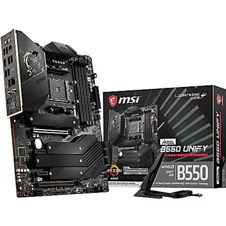 MSI MEG B550 UNIFY ATX MotherboardSocket AM4 AMD CPU - 128 GB DDR4 SDRAM Maximum RAM - DIMM, UDIMM - 4 x Memory Slots - IEEE 802.11 a/b/g/n/ac/ax - HDMI - 6 x SATA Interfaces