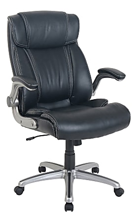 Lorell® SOHO Flip Armrest Bonded Leather High-Back Chair, Black/Silver