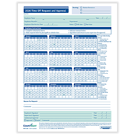 ComplyRight® 2026 Time Off Request And Approval Calendars, 8 1/2" x 11", Pack Of 50