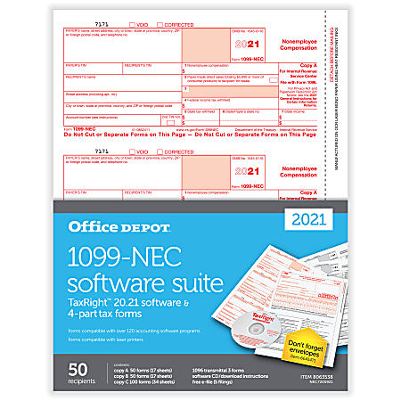 Office Depot® Brand 1099-NEC Laser Tax Forms With Software, 3-Up, 4-Part, 8-1/2" x 11", Pack Of 50 Form Sets