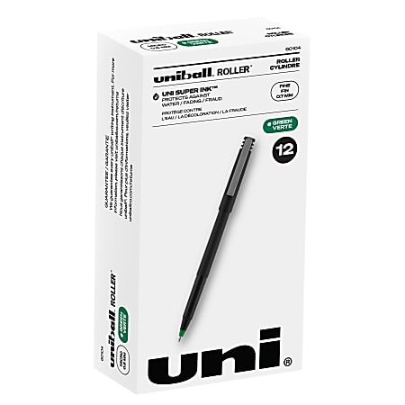 uni-ball® Rollerball™ Pens, Fine Point, 0.7 mm, 80% Recycled, Black Barrel, Green Ink, Pack Of 12 Pens
