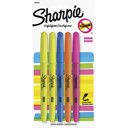 Sanford Sharpie Narrow Chisel Tip Highlighter - Narrow Marker Point - Chisel Marker Point Style - Yellow, Blue, Pink, Orange - 5 / Pack
