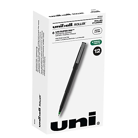 uni-ball® Rollerball™ Pens, Micro Point, 0.5 mm, 80% Recycled, Black Barrel, Green Ink, Pack Of 12 Pens