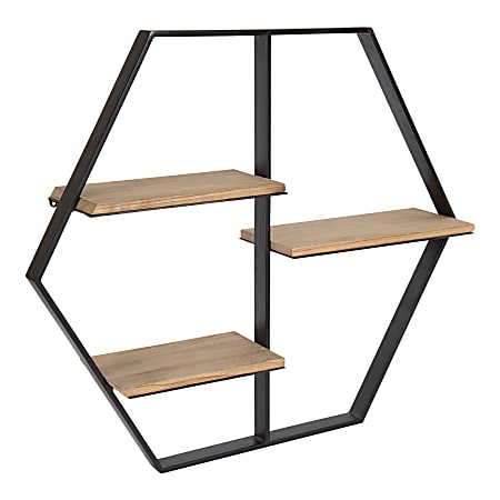 Kate and Laurel Ladd Hexagon Floating Shelves, 22-1/8”H x 25-7/16”W x 5.-1/8”D, Rustic Brown/Black