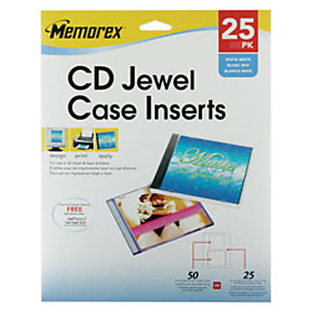 Memorex® Inkjet/Laser CD Jewel Case Inserts, 5" x 5", White, Pack Of 25