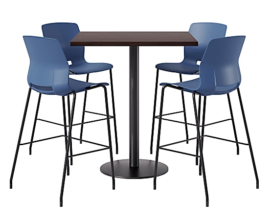 KFI Studios Proof Bistro Square Pedestal Table With Imme Bar Stools, Includes 4 Stools, 43-1/2”H x 44”W x 44”D, Cafelle Top/Black Base/Navy Chairs