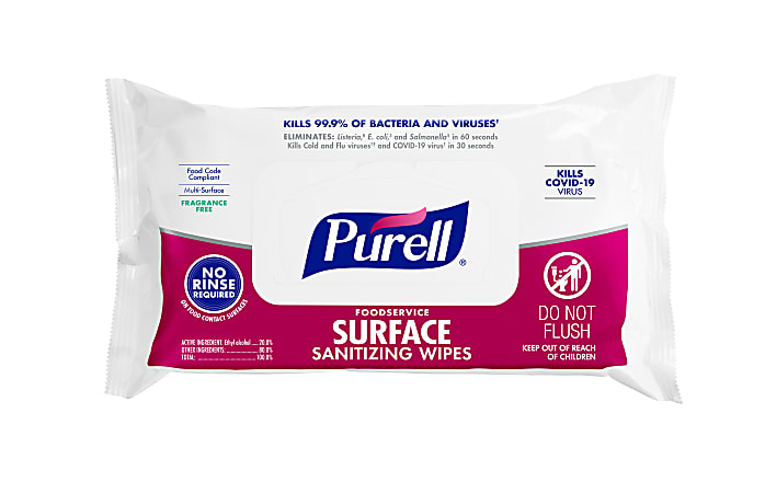 Purell® Foodservice Surface Sanitizing Wipes, Fragrance Free, 7-7/16” x 9”, White, Flowpack Of 72 Wipes