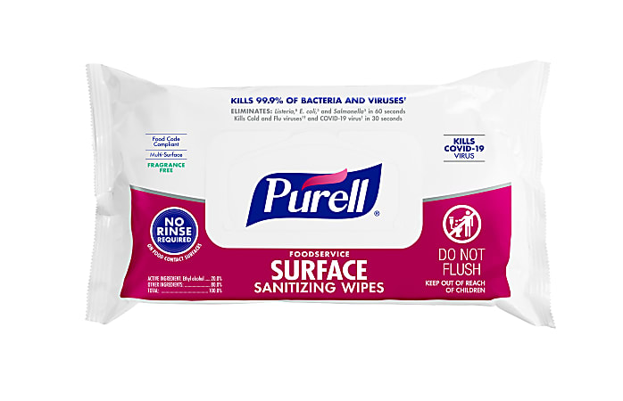 Purell&reg; Foodservice Surface Sanitizing Wipes, Fragrance Free, 7-7/16&rdquo; x 9&rdquo;, White, Flowpack Of 72 Wipes