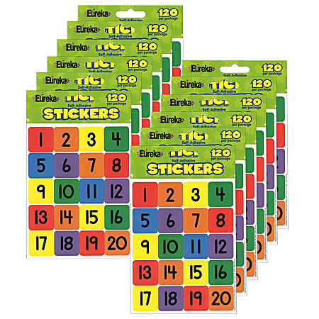 Eureka Theme Stickers, Numbers 1-20, 120 Stickers Per Pack, Set Of 12 Packs