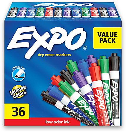 EXPO® Low-Odor Dry-Erase Markers, Chisel Point, Assorted Colors, Pack Of 36