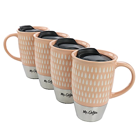 Mr. Coffee Coupleton Teardrop Stoneware And Stainless Steel Travel Mug Set With Lids, 15 Oz, Peach, Set Of 8 Pieces