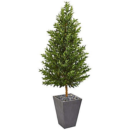 Nearly Natural Olive Cone Topiary 67" UV-Resistant Artificial Tree With Planter, Green/Slate