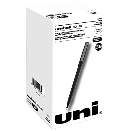uni-ball® Roller Micro Pens, Micro Point, 0.5 mm, Black Barrel, Black Ink, Pack Of 36