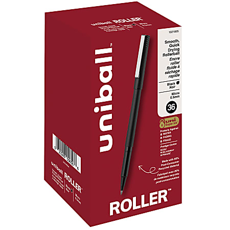 uni-ball® Roller Micro Pens, Micro Point, 0.5 mm, Black Barrel, Black Ink, Pack Of 36