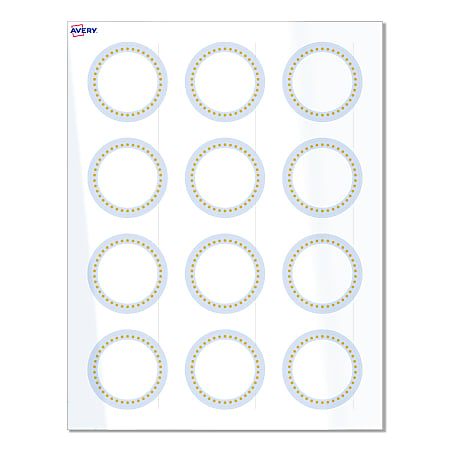 Avery® Print-To-The-Edge Labels & Sure Feed®, S00-D2G-PRWGP10, 2" Round, Glossy White, Preprinted Blue Border & Gold Dots Design, Pack Of 120