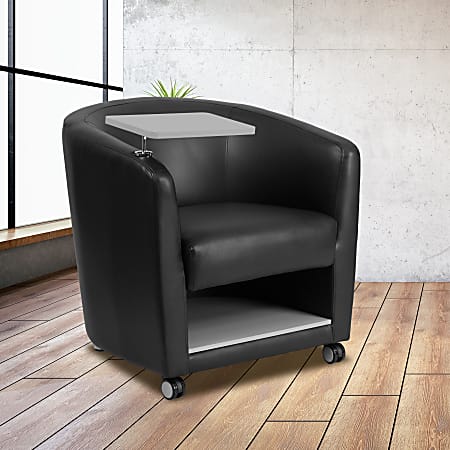 Flash Furniture LeatherSoft™ Faux Leather Tablet-Arm Barrel-Back Chrome-Legged Guest Chair, Black/Gray