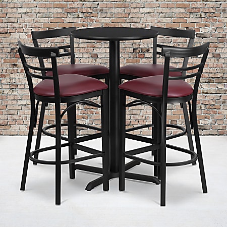 Flash Furniture Round Laminate Table Set With X-Base And Four 2-Slat Ladder-Back Metal Barstools, 42"H x 24"W x 24"D, Black/Burgundy