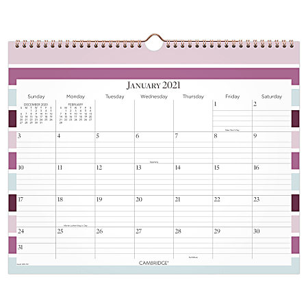 Cambridge® Monthly Wall Calendar, 15" x 12", Ribbon, January To December 2021, 1455-707