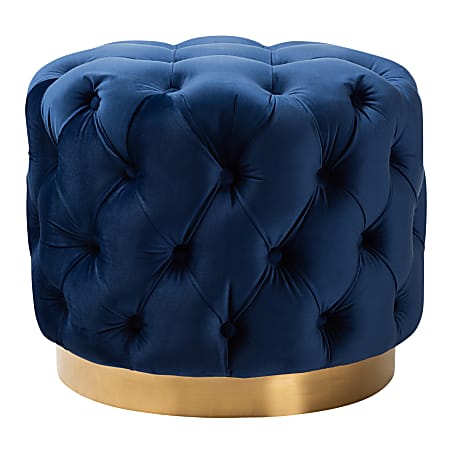Baxton Studio Glam Velvet Button-Tufted Round Ottoman, Royal Blue/Gold