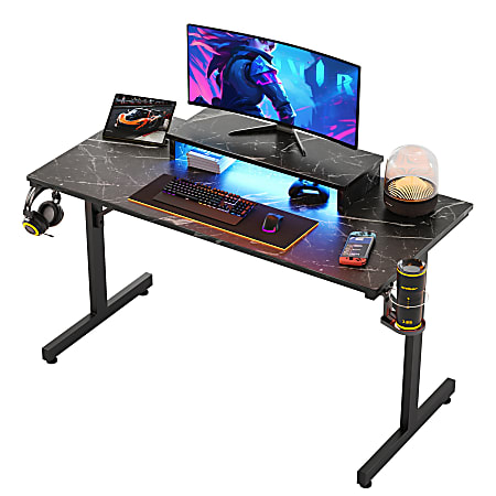Bestier 42"W Small LED Gaming Computer Desk With Monitor Stand, Cup Holder & Headset Hooks, Black Marble