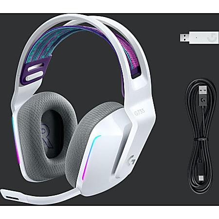 Logitech G733 Lightspeed Wireless RGB Gaming Headset Stereo Wireless 65.6 ft 5 Kilo Ohm 20 Hz 20 kHz Over the head Binaural Circumaural Cardioid Uni directional Microphone White ODP Business Solutions
