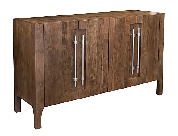 Coast to Coast Lucas Mid-Century Modern Solid Wood 4-Door Credenza With Oversized Linear Recessed Hardware, 35"H x 58"W x 18"D, Cadence Brown