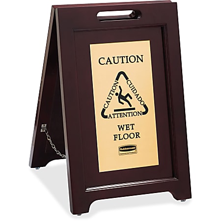 Rubbermaid® Commercial Brass/Wooden Caution Sign, "Caution, Attention, Cuidado, Wet Floor", 15"W x 23 1/2"H, Espresso